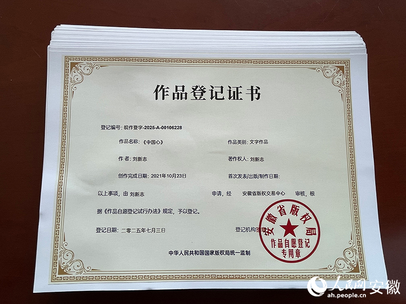 版权作品登记证书。人民网记者 王晓飞摄